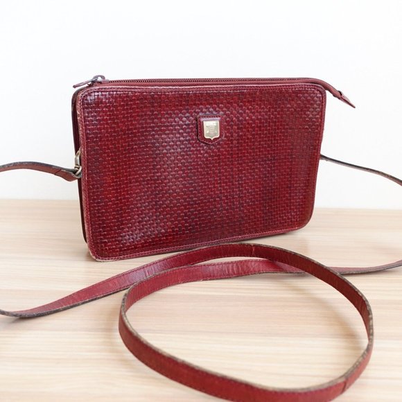 Vintage Celine Bag Leather Crossbody Shoulder Sling Purse Burgundy Weave RARE - Picture 1 of 16